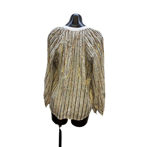 Jade by johnny Was Sequin-Striped Long-Sleeve Blouse w/Tassel Tie Neckline - Picture 2 of 8